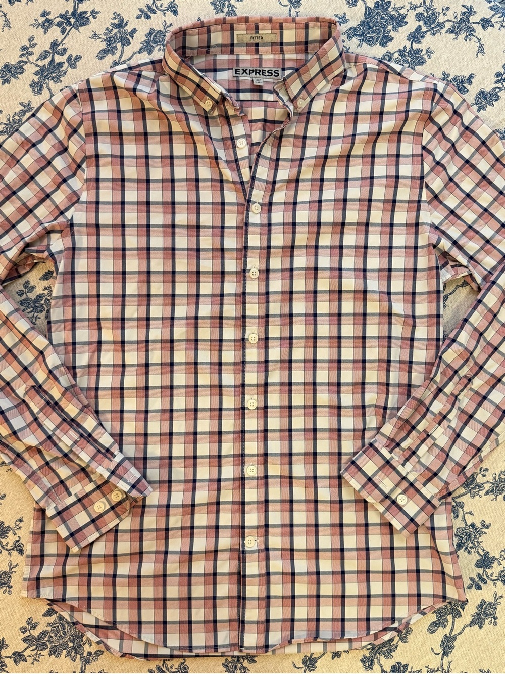 Express Men's Plaid Button-Down Shirt in Pink, Blue and Cream
